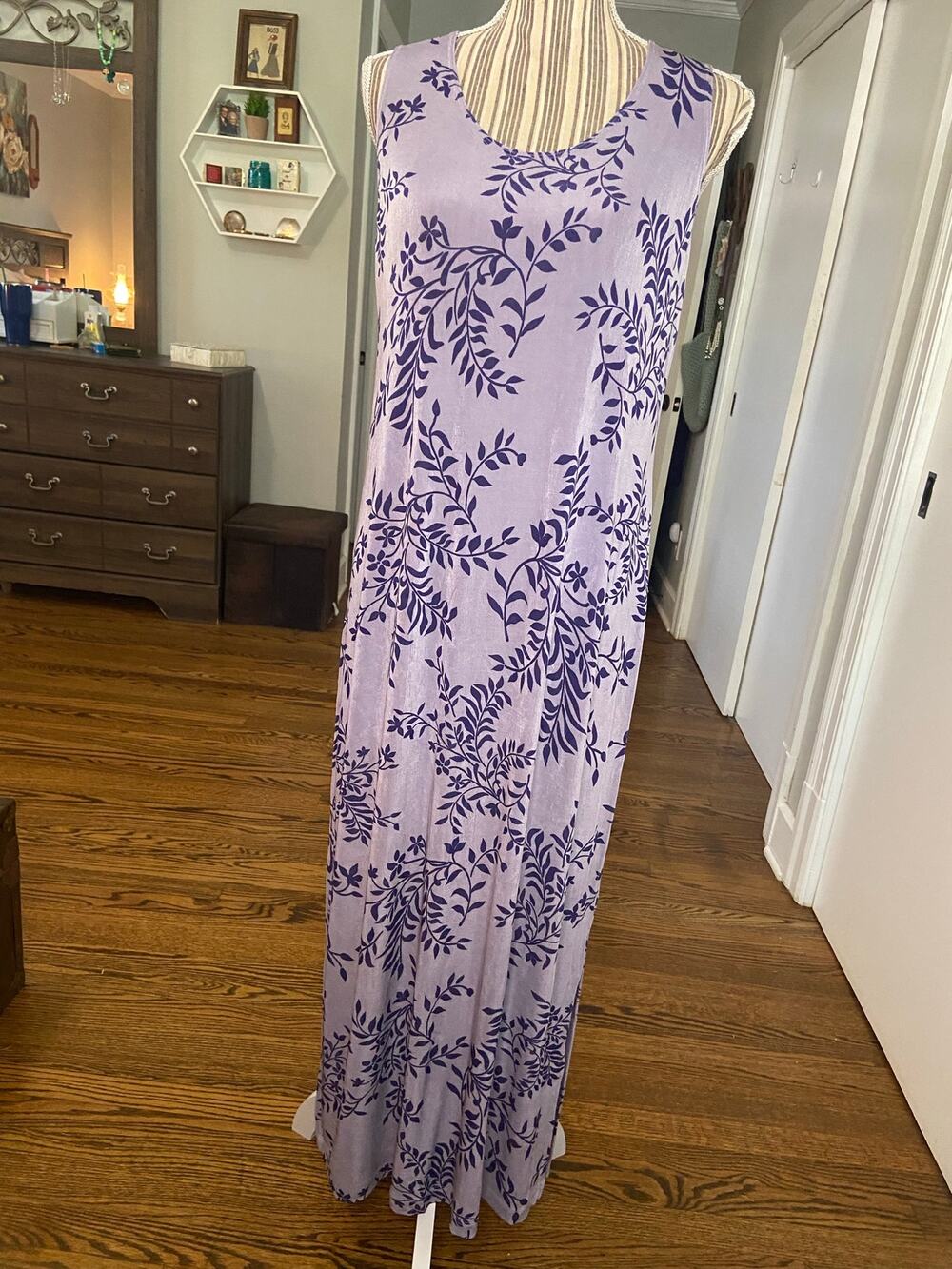 Citiknits lavender print slinky stretchy knit tank style maxi dress